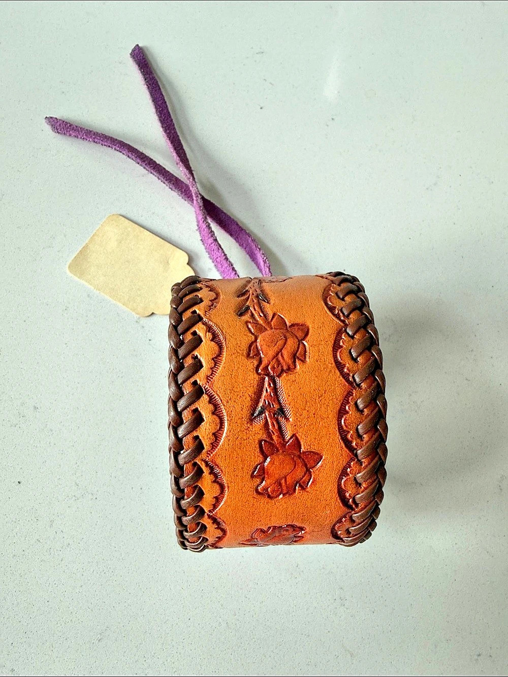 Brown & Purple Floral Braided hand tooled Leather Wrist Cuff bracelet